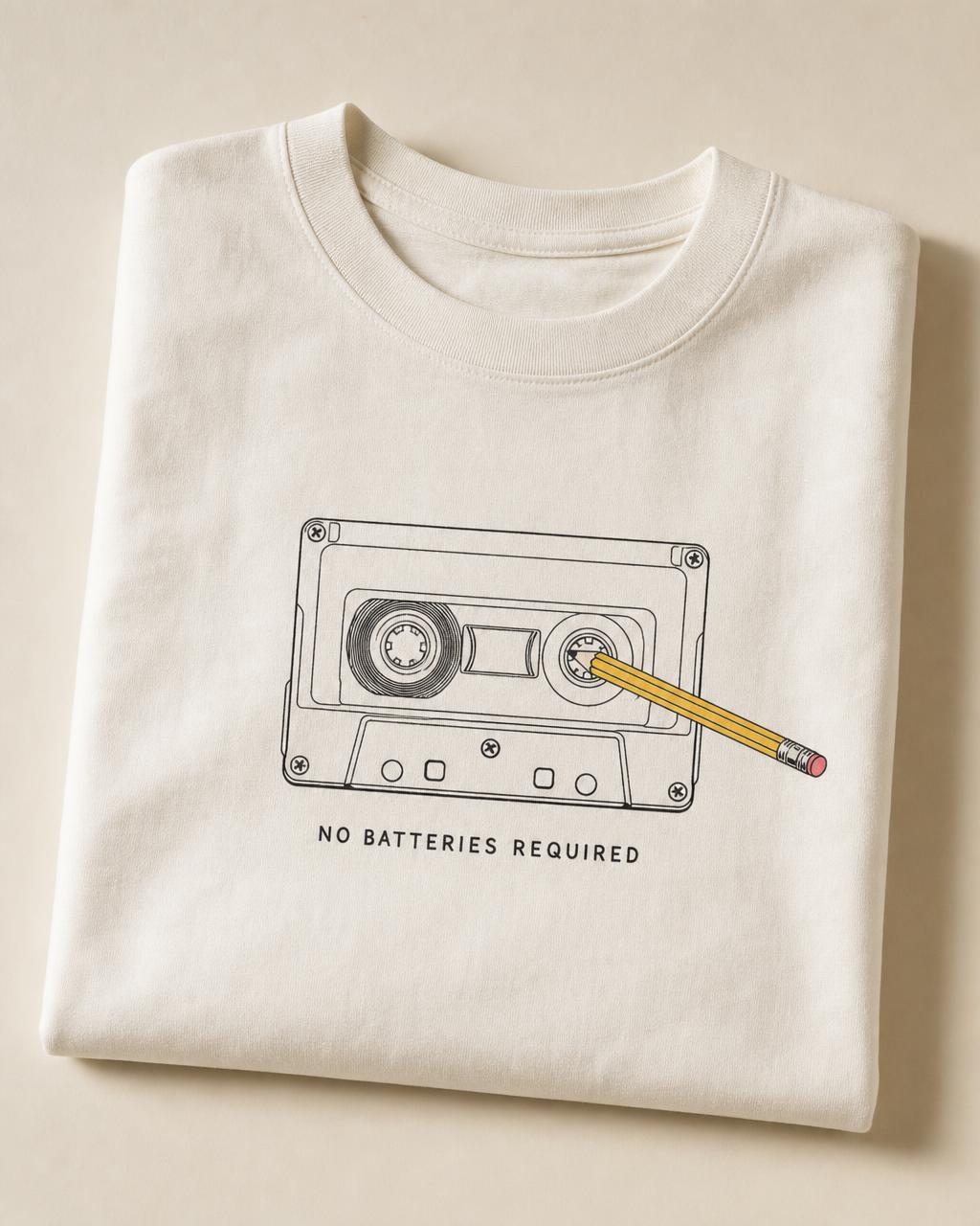 Folded off-white t-shirt printed with a cassette tape and a yellow pencil in one reel
